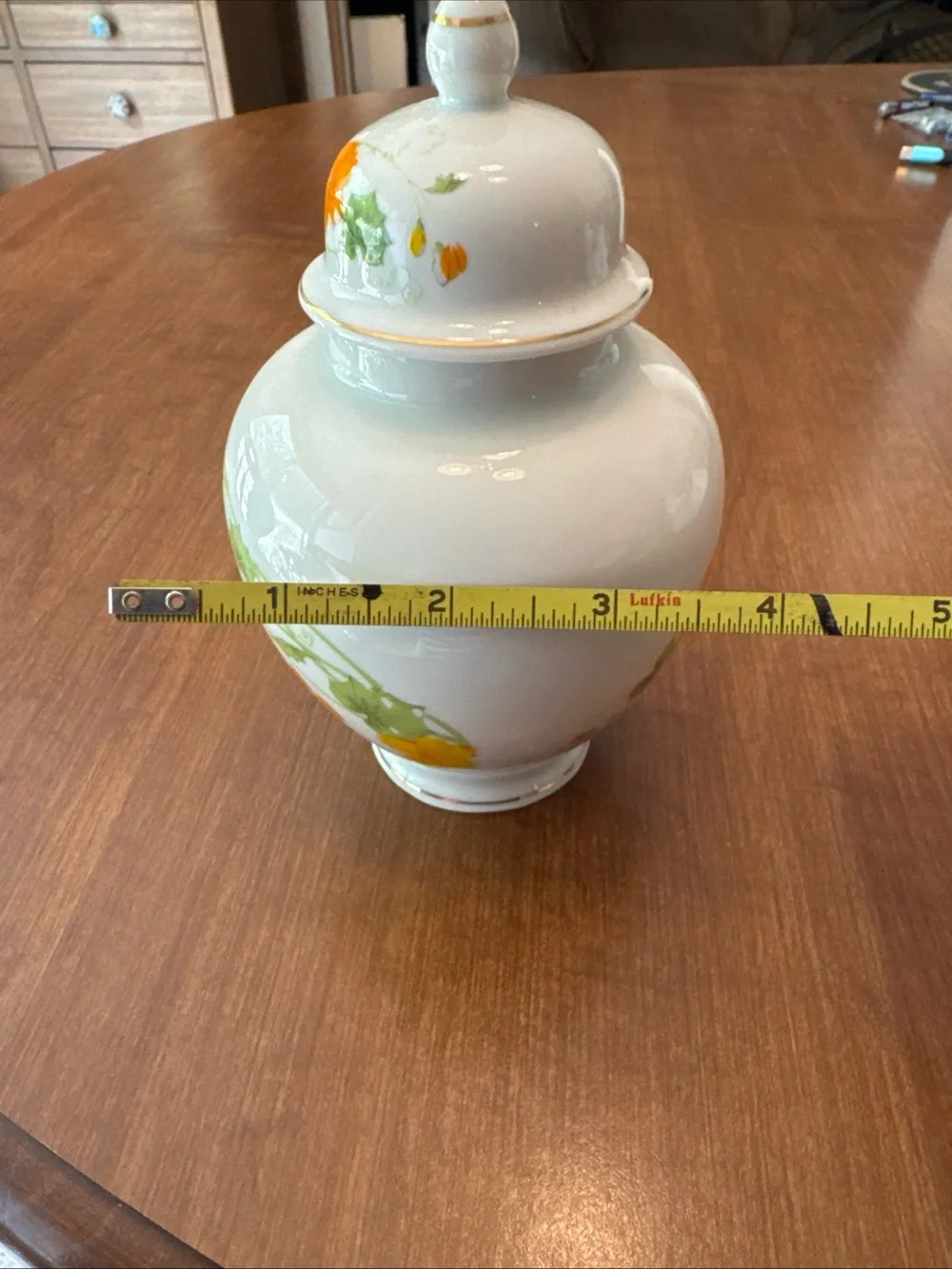 Porcelain Floral Ginger Jar in White with Orange and Green Accents